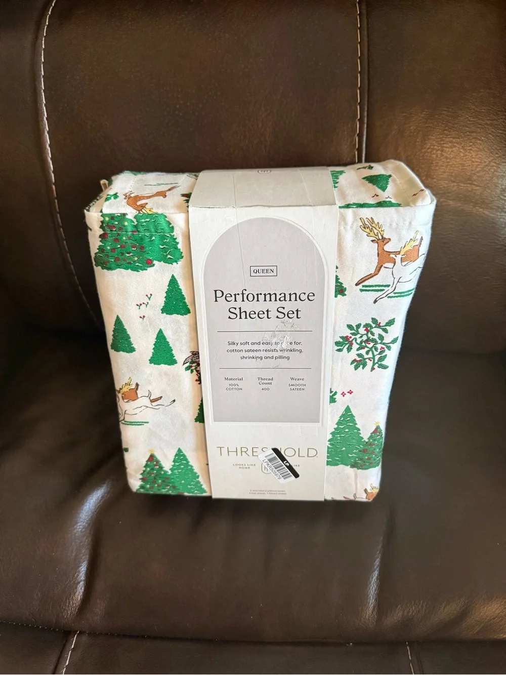Threshold Performance Queen Sheet Set White with Holiday Print 100% Cotton